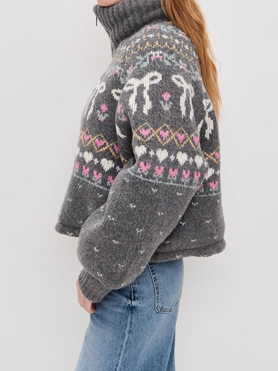Women's Fair Isle Pattern Drawstring Waist Sweater Jacket