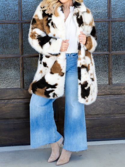 Cow Print Faux Fur Long Sleeve Coat