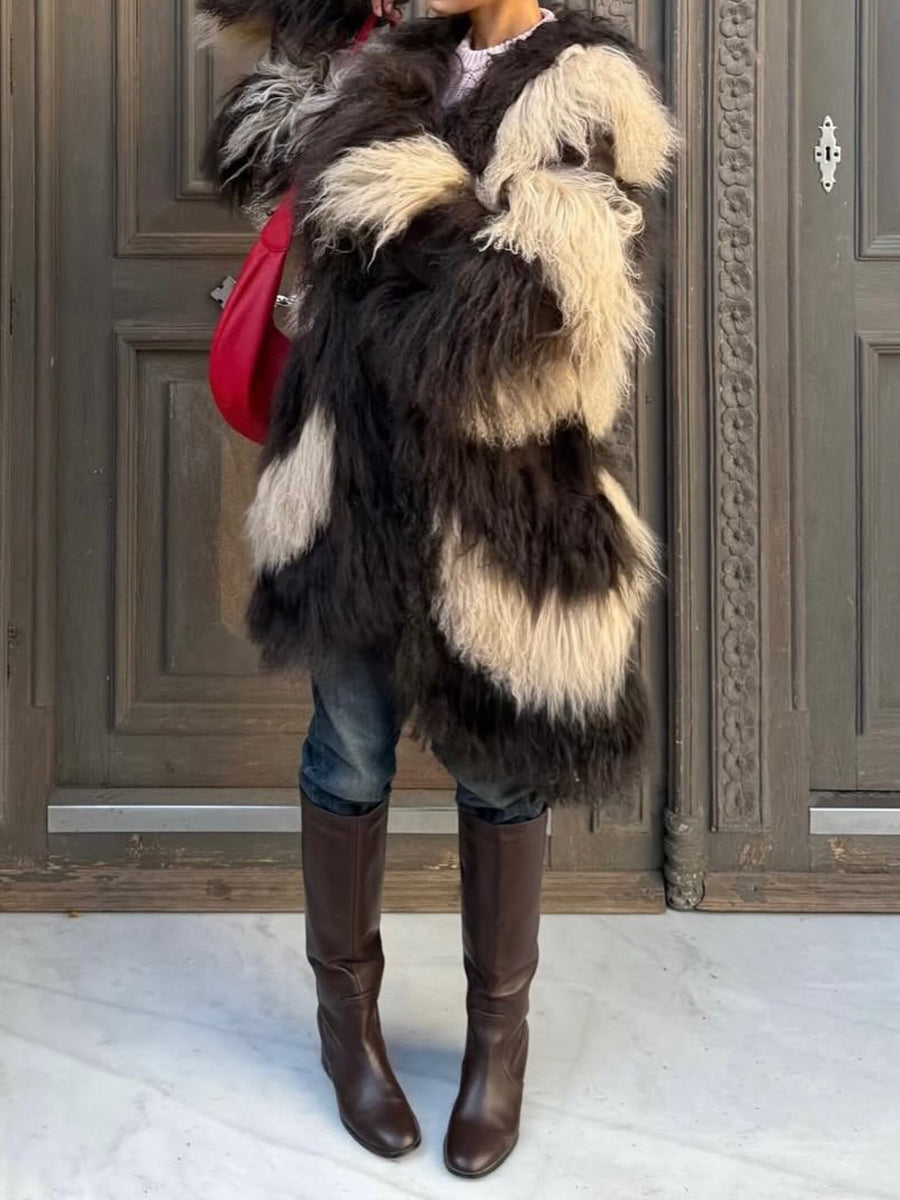 Fashion Color Block Faux Fur Coat