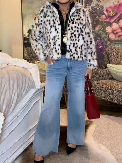 Fashion Snow Leopard Faux Fur Long Sleeve Jacket