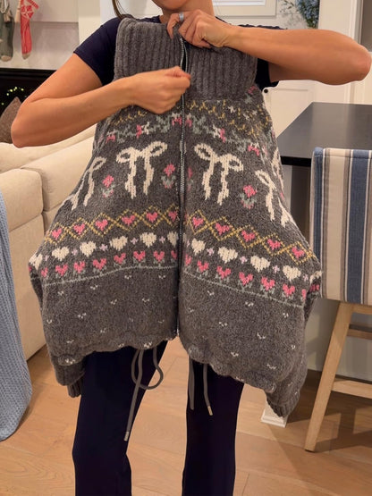 Women's Fair Isle Pattern Drawstring Waist Sweater Jacket