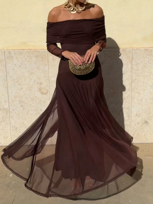Elegant Off Shoulder Mesh Maxi Dress