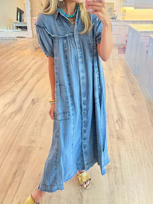 Collard Neck Short Puff Sleeve Denim Dress