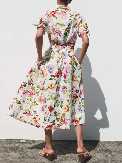 Floral Print Short Sleeve Belted Dress
