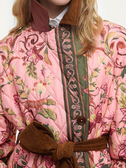 Printed Wide Lape Belted Long Coat