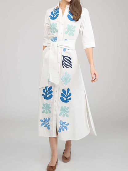 Printed Button Up Belted Dress