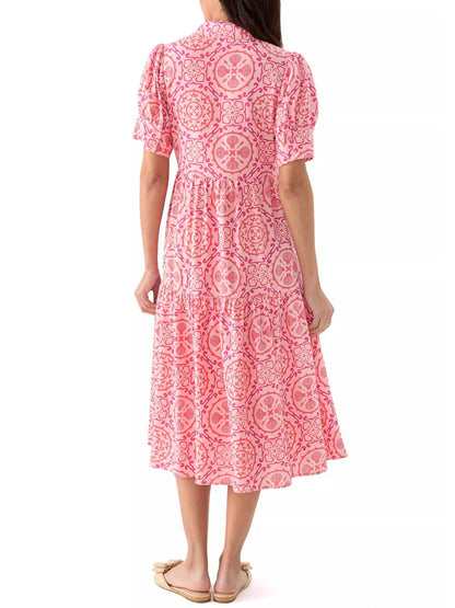 Printed Short Sleeve Tiered Shirtdress