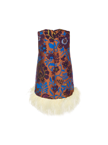 Printed Sleeveless Feather Trim Top
