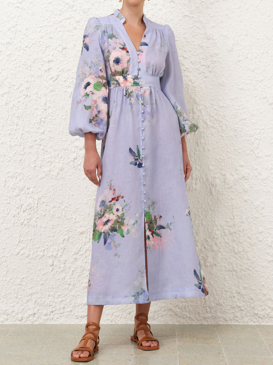V-neck Blouson Sleeve Printed Dress