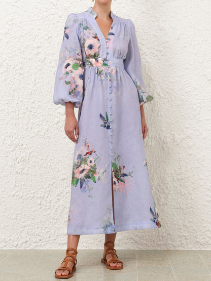 V-neck Blouson Sleeve Printed Dress