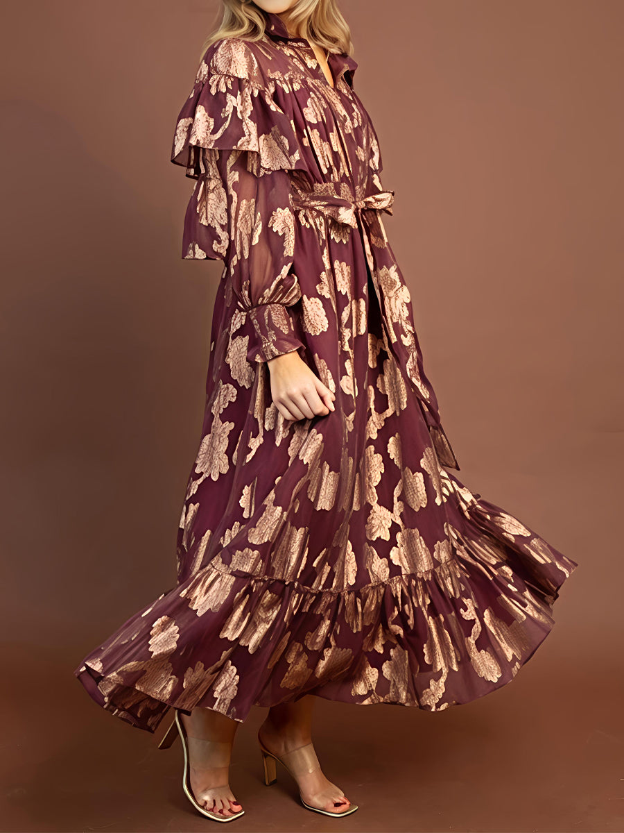 Floral Pattern Long Sleeve Chiffon Maxi Dress