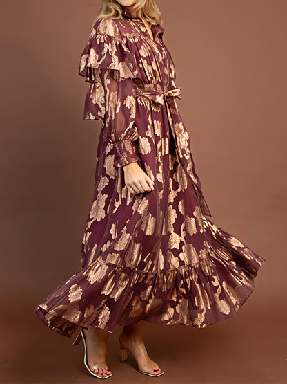 Floral Pattern Long Sleeve Chiffon Maxi Dress