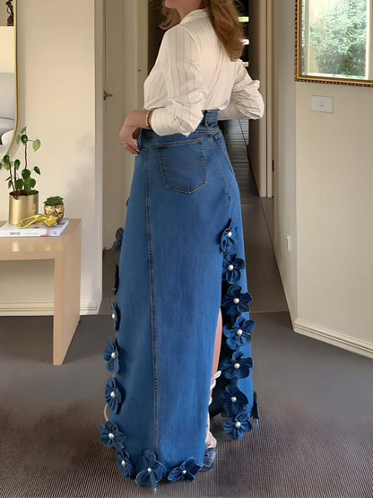 3D Flower Asymmetric Hem Denim Maxi Skirt
