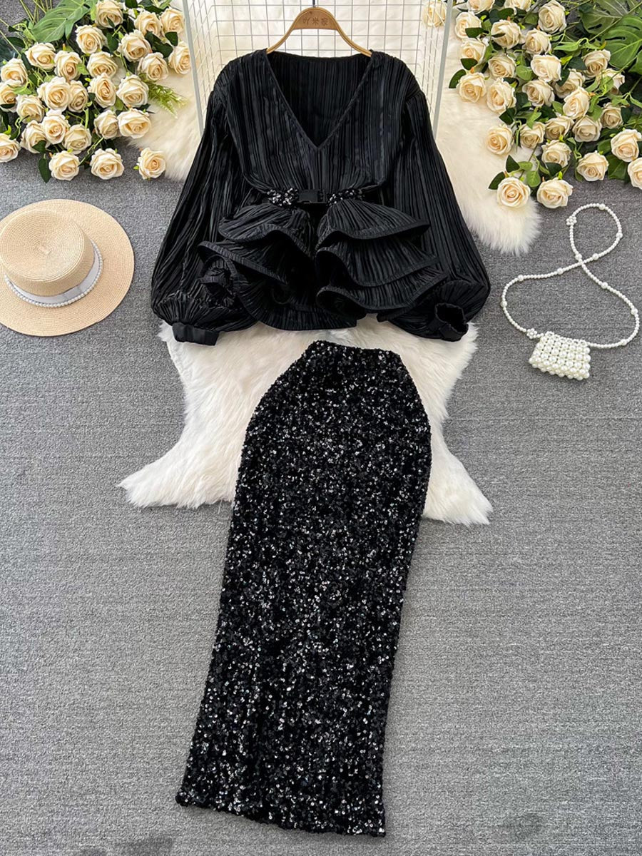 Elegant Puff Sleeve V-Neck Ruffled Top & Sequin Skirt