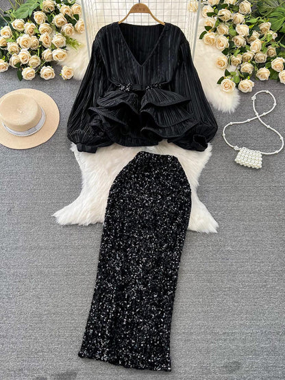 Elegant Puff Sleeve V-Neck Ruffled Top & Sequin Skirt