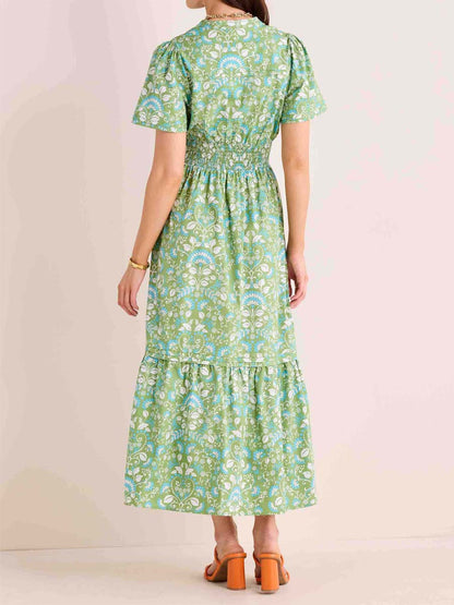 Split Neck Smocked Waist Printed Dress