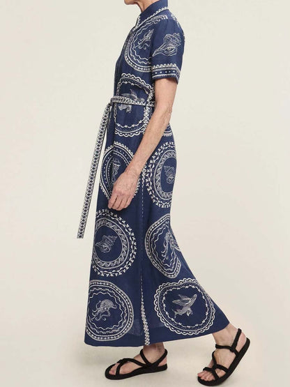 Placement Print Short Sleeve Belted Shirtdress
