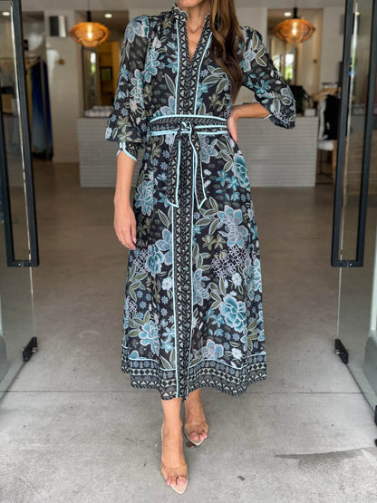 Elegant Printed Belted Maxi Dress