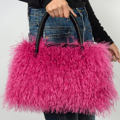 Imitation Wool Tote Bag With Genuine Leather Handles Handbag