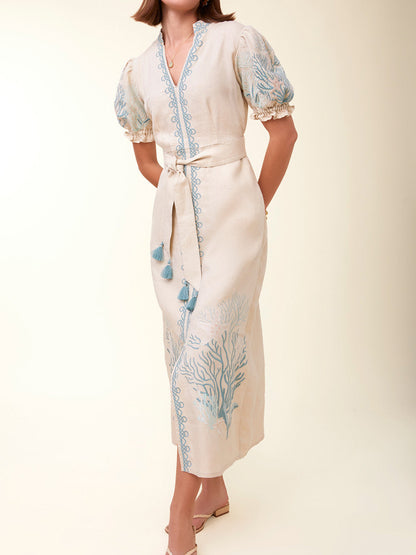 Stand Collar Embroidery Midi Dress