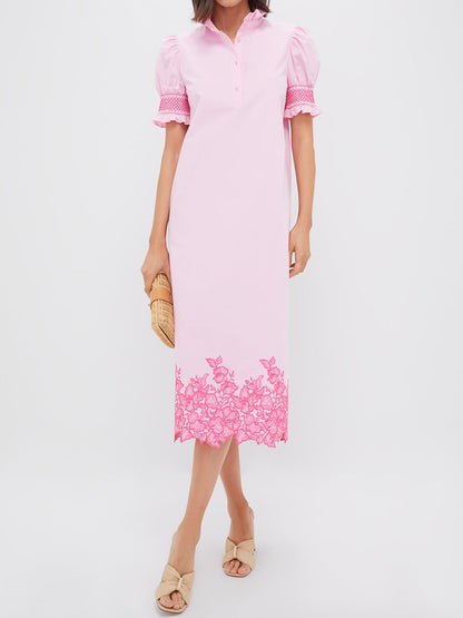 Embroidery Smocked Ruffle Cuffs Midi Dress