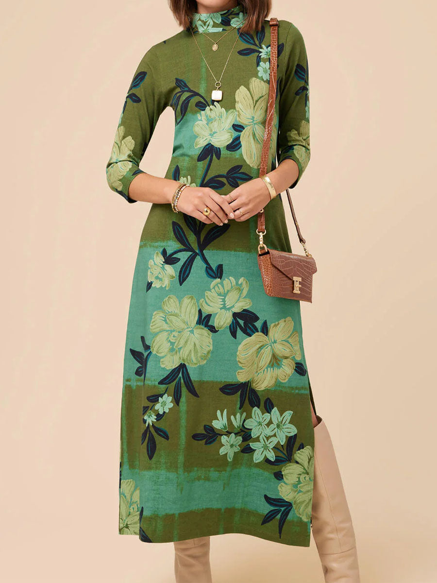 Mock Neck Printed 3/4 Sleeve Length Dress