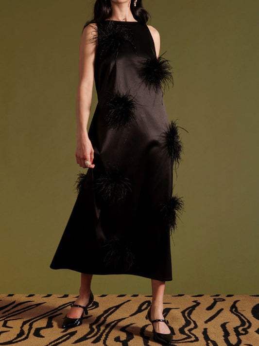 Faux-Feather Poof Accents Maxi Dress