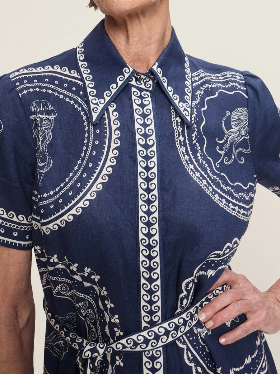 Placement Print Short Sleeve Belted Shirtdress