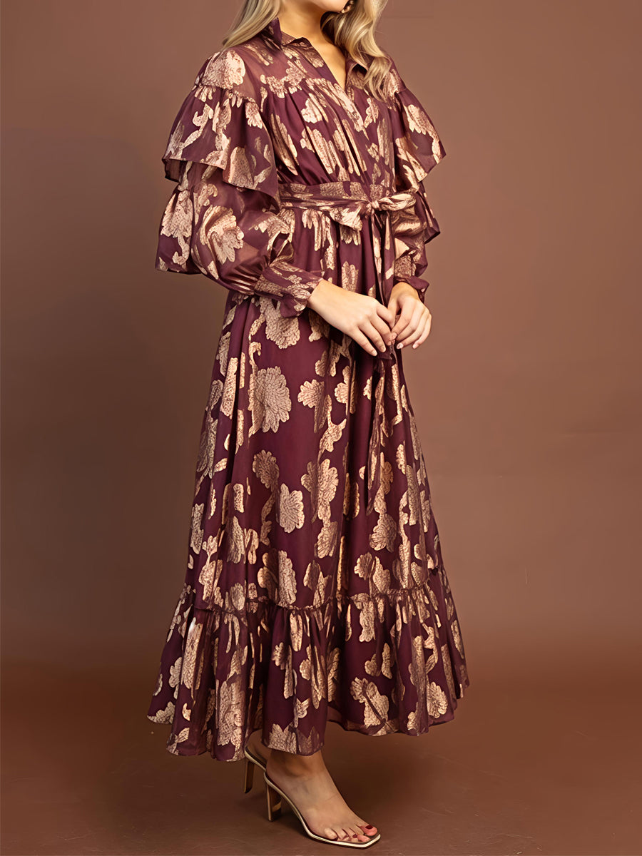 Floral Pattern Long Sleeve Chiffon Maxi Dress
