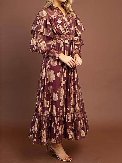 Floral Pattern Long Sleeve Chiffon Maxi Dress