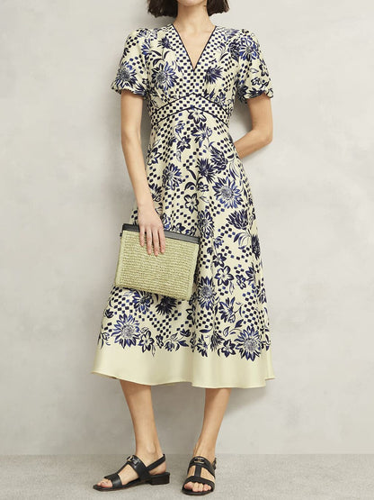 Printed V Neck Short Sleeve Dress