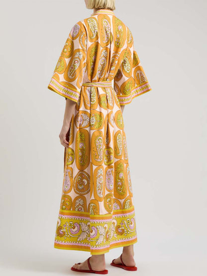 Printed Belted V Neck Maxi Dress