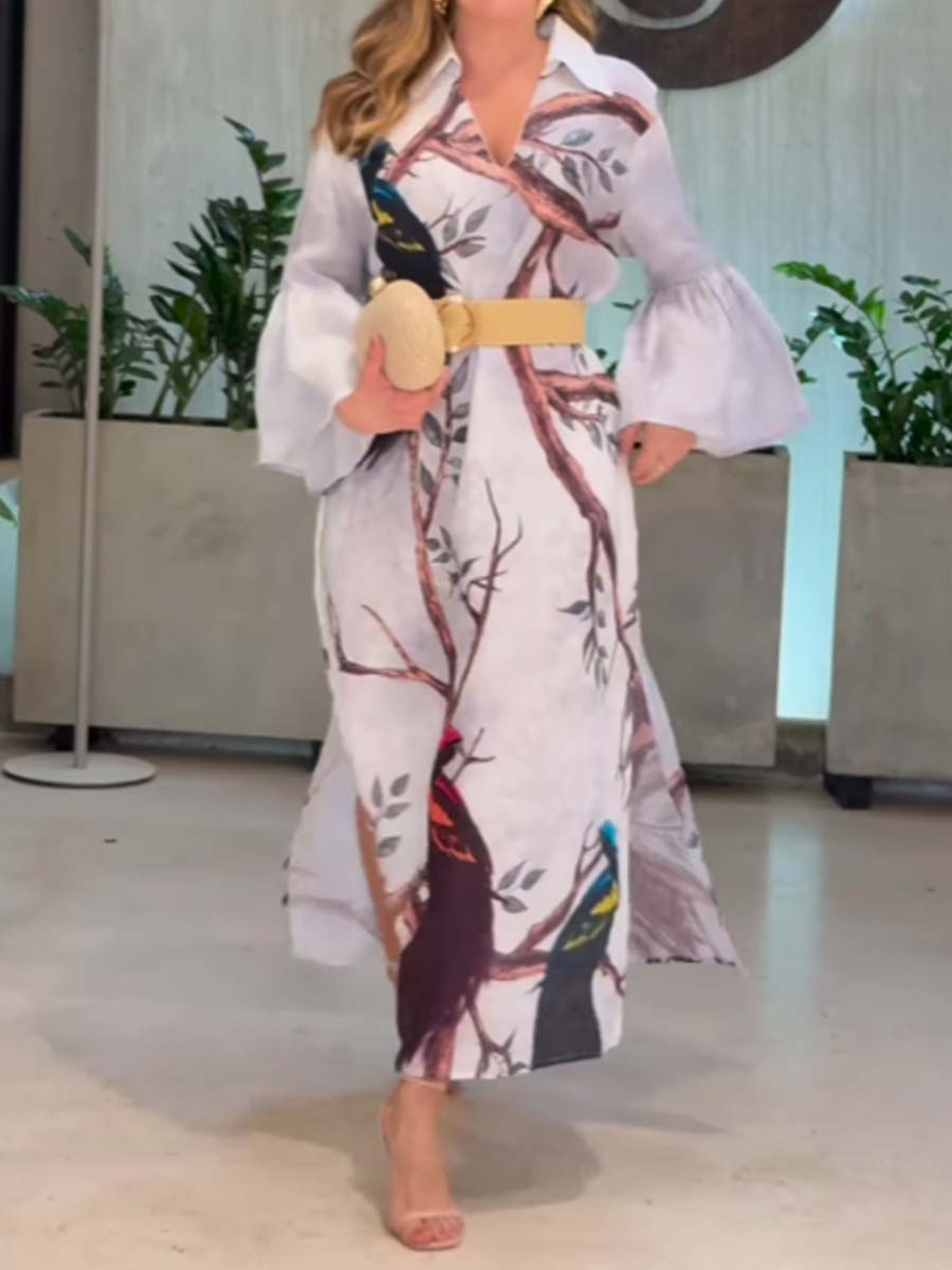 Printed V Neck Loose Dress