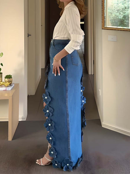 3D Flower Asymmetric Hem Denim Maxi Skirt