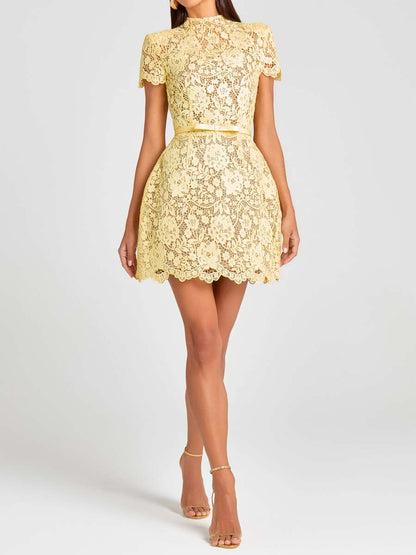 Elegant Lace Bow Belted Mini Dress