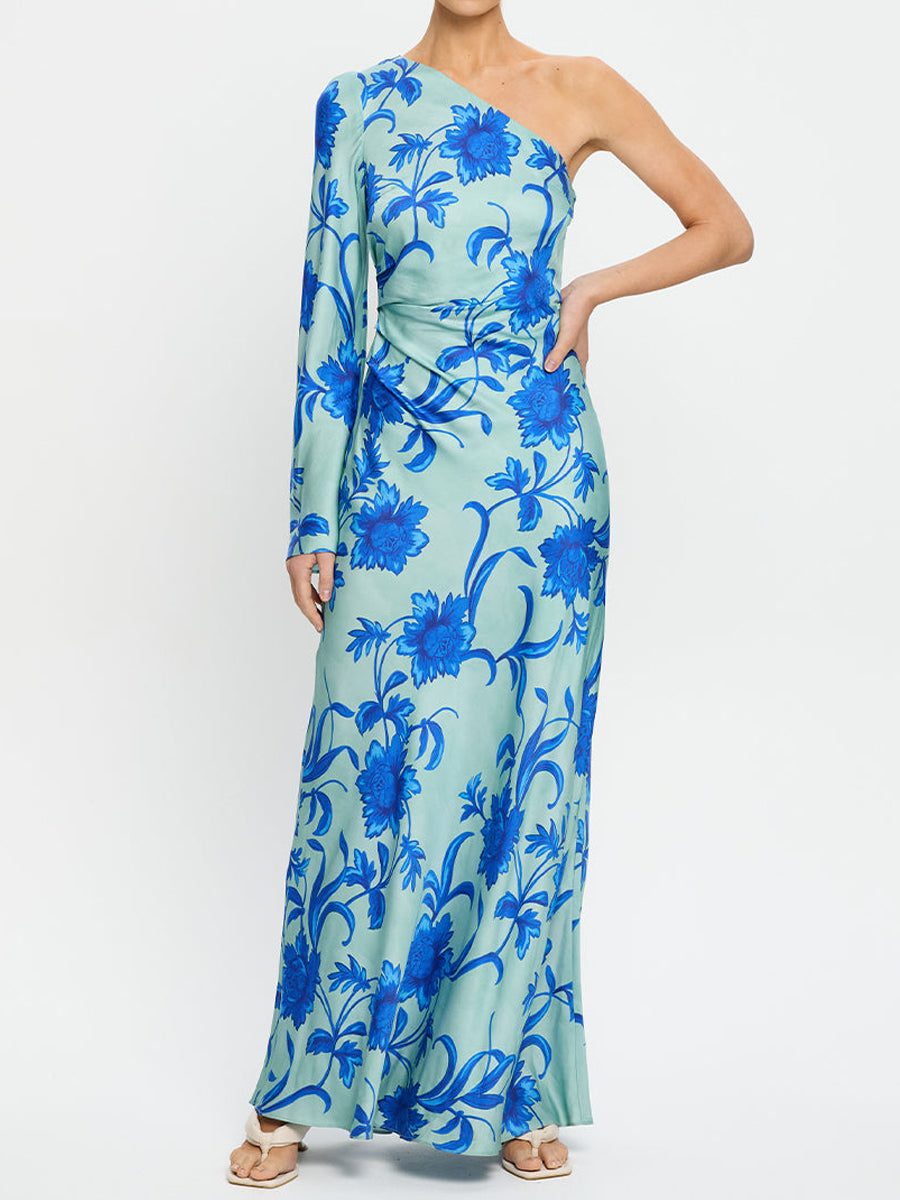 Floral Print One Shoulder Maxi Dress