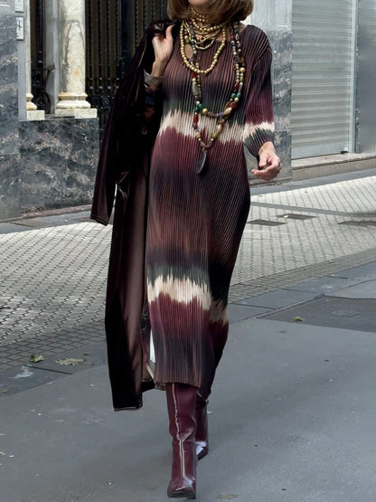 Printed Pleated Dress & Velvet Cardigan