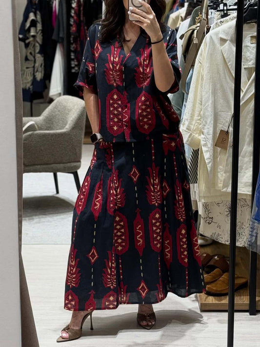 Printed V Neck Loose Two Pieces Set
