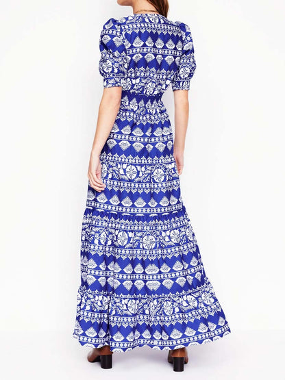 Elegant Printed V Neck Puff Sleeve Dress