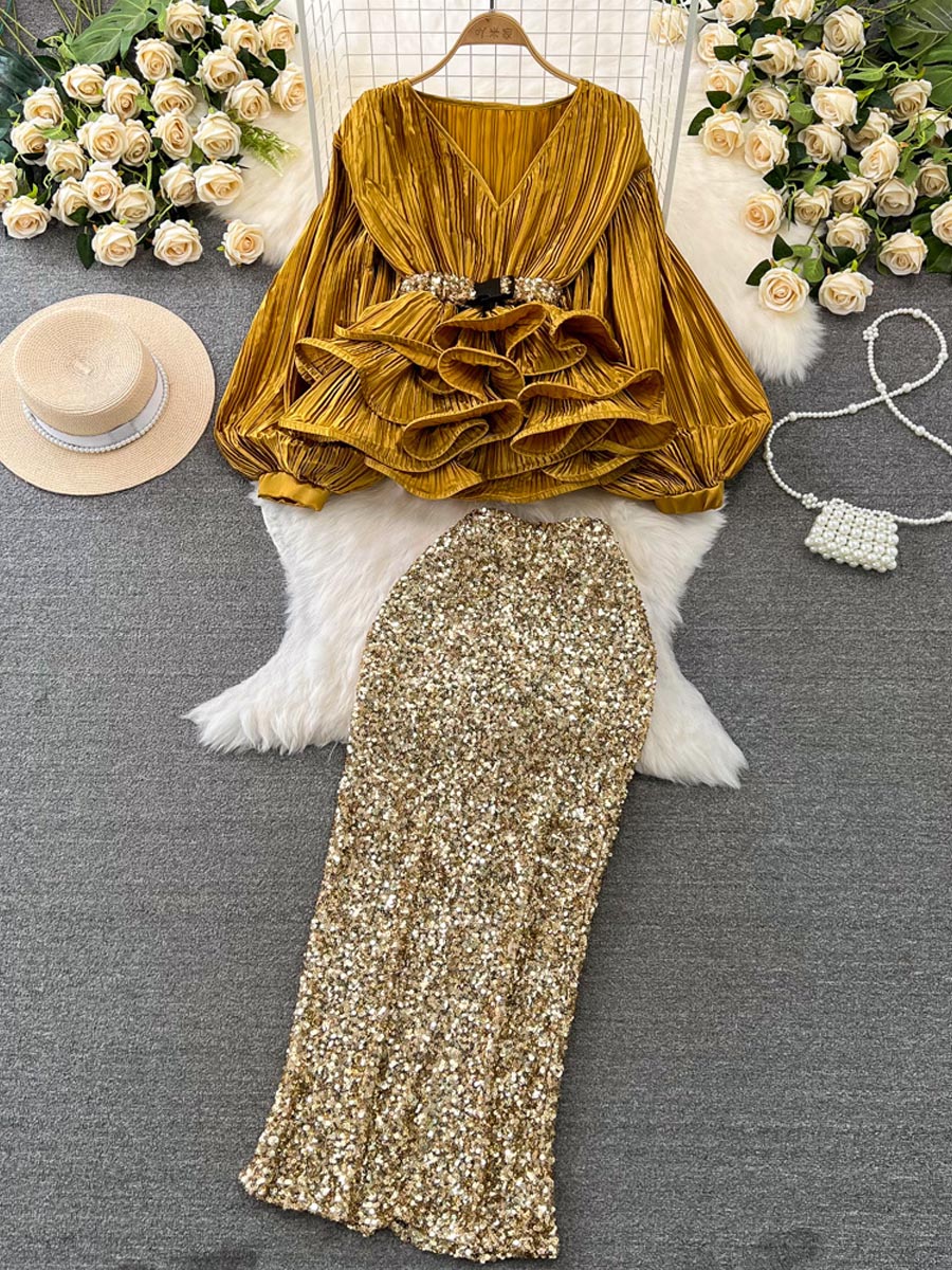 Elegant Puff Sleeve V-Neck Ruffled Top & Sequin Skirt
