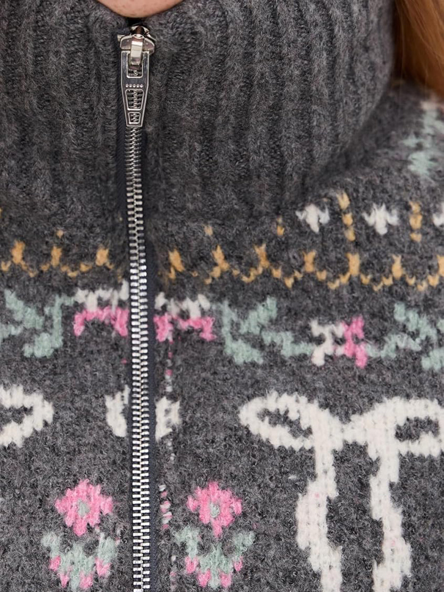 Women's Fair Isle Pattern Drawstring Waist Sweater Jacket