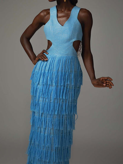 Elegant Cutout Tassels Hem Dress