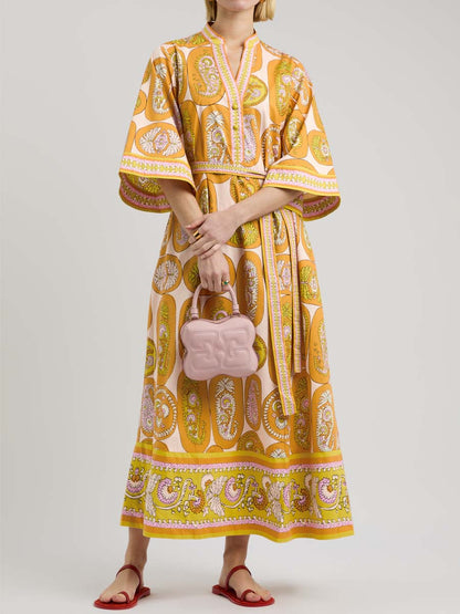 Printed Belted V Neck Maxi Dress