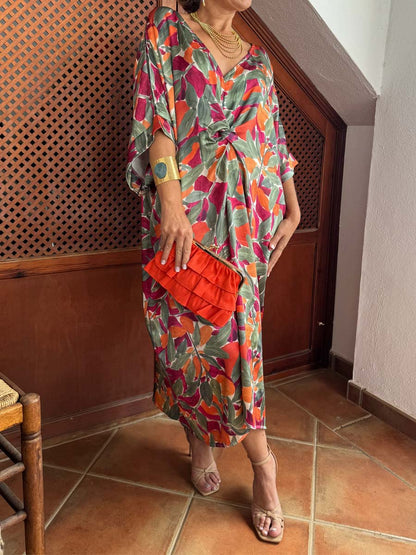 Printed V Neck Knotted Dress & Cardigan