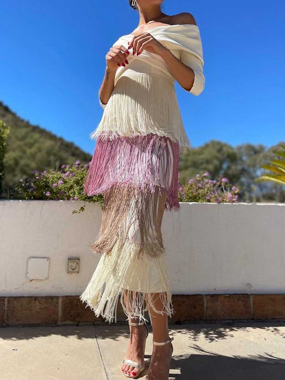 Off Shoulder Elegant Fringe Dress