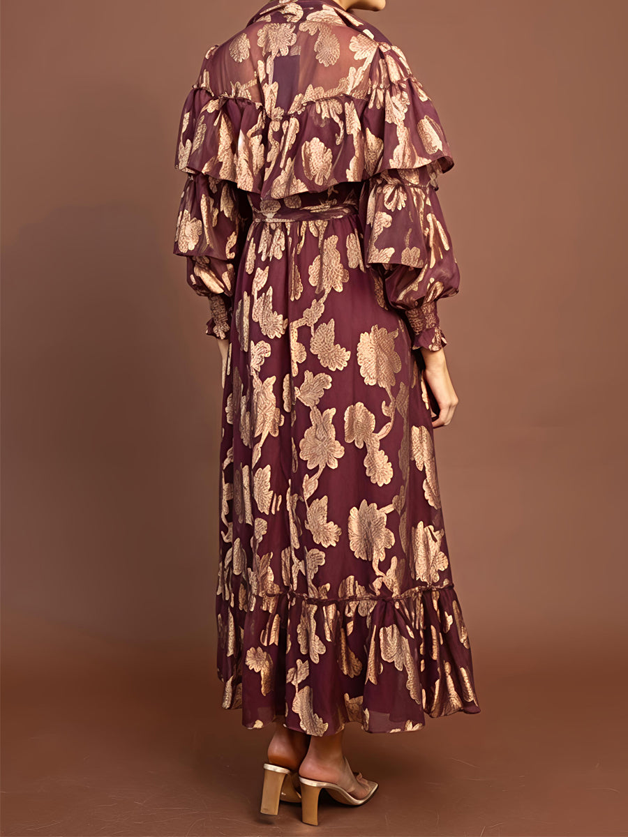 Floral Pattern Long Sleeve Chiffon Maxi Dress