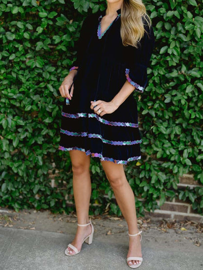 V Neck Ruffled Printed Mini Dress