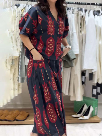 Printed V Neck Loose Two Pieces Set