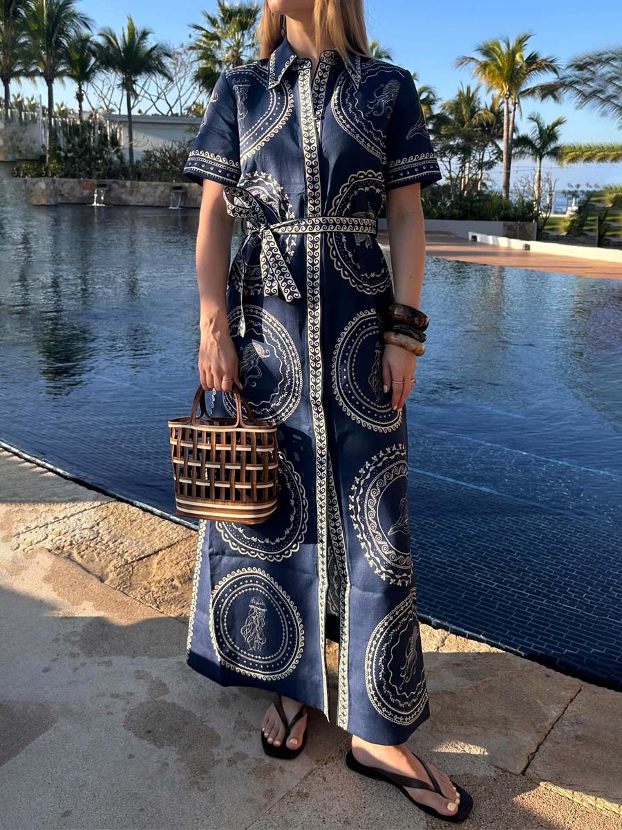 Placement Print Short Sleeve Belted Shirtdress