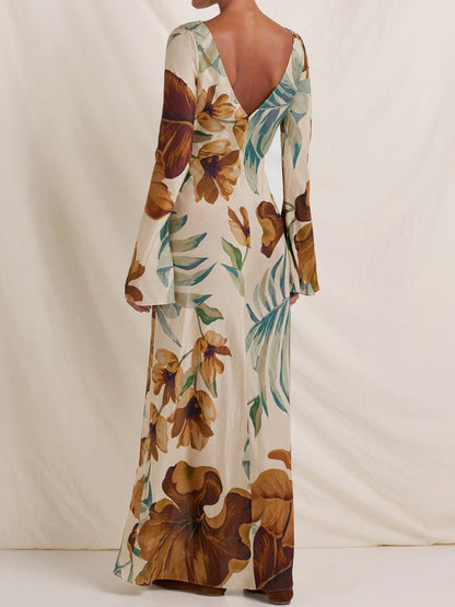 Open Back Printed Long Sleeve Maxi Dress